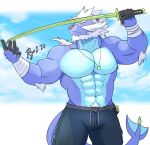  abs anthro arm_tuft beard biceps bottomwear clothed clothing elbow_tuft facial_hair fur generation_5_pokemon hair hi_res lofnirv male melee_weapon muscular muscular_anthro muscular_male nintendo pants pecs pokemon pokemon_(species) pubes pubes_exposed samurott solo sword tail topless tuft weapon 