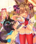  3girls agnes_digital_(umamusume) animal_ears blue_eyes blurry blurry_background brown_hair casual child closed_eyes commentary_request flower giving_up_the_ghost hair_between_eyes hair_flower hair_ornament headband heart heart-shaped_pupils heart_hands highres horse_ears horse_girl horse_tail long_hair multiple_girls open_mouth pink_hair ponzu_(rrrritisu) sitting smart_falcon_(umamusume) symbol-shaped_pupils tail umamusume 