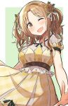  1girl alternate_hairstyle blush border bow breasts brown_eyes brown_hair dot_nose dress flower gougoku green_background hair_bow hair_flower hair_ornament hair_ribbon ichikawa_hinana idolmaster idolmaster_shiny_colors large_breasts long_hair looking_at_viewer one_eye_closed open_hand open_mouth outside_border parted_bangs plaid plaid_dress ribbon short_sleeves smile solo standing sunflower sunflower_hair_ornament twintails white_border white_ribbon x_hair_ornament yellow_dress 