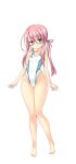  1girl barefoot blush breasts character_request collarbone commentary_request competition_swimsuit full_body highres hizuki_aki long_hair looking_at_viewer one-piece_swimsuit original pink_eyes pink_hair simple_background small_breasts smile solo swimsuit twintails white_background 