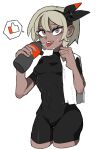  1girl bbizim03 bea_(pokemon) black_bodysuit black_hairband bodysuit bottle breasts cropped_legs dark-skinned_female dark_skin eyelashes grey_eyes grey_hair hair_between_eyes hairband highres holding holding_bottle pokemon pokemon_swsh short_hair simple_background small_breasts solo spoken_thumbs_up sweat tongue tongue_out towel water_bottle white_background 