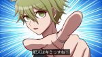  1boy amami_rantaro artist_name blue_background danganronpa_(series) danganronpa_v3:_killing_harmony earrings green_eyes green_hair hair_between_eyes highres jewelry male_focus messy_hair open_mouth pointing pointing_at_viewer portrait ring short_hair solo suiren_yurei translation_request 