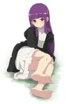  1girl black_robe blunt_bangs bright_pupils closed_mouth commentary_request feet fern_(sousou_no_frieren) full_body highres legs_together long_hair looking_at_viewer making-of_available noa_(nagareboshi) purple_eyes purple_hair robe simple_background sitting sketch smile soles solo sousou_no_frieren turtleneck white_background white_pupils 