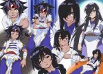  aju_(maccha_an) bakuten_shoot_beyblade bandaged_arm bandages bandana beyblade black_hair closed_eyes dress fangs hair_intakes kon_rei long_hair male_focus multiple_views open_mouth smile teeth torn_clothes yellow_eyes yin_yang 