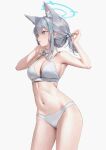 1girl absurdres animal_ears bare_arms bare_legs bare_shoulders bikini blue_archive blue_eyes blue_halo breasts cowboy_shot cross_hair_ornament extra_ears grey_hair hair_ornament halo highres large_breasts long_hair navel shiroko_(blue_archive) simple_background solo swimsuit white_background white_bikini wolf_ears xi_xeong 