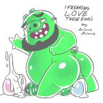  anal anal_penetration angry_birds animasanimus anthro balls beard belly big_butt big_penis bodily_fluids butt cum cum_in_ass cum_inside cum_on_egg domestic_pig egg erection facial_hair genital_fluids genitals green_body hair humanoid_genitalia humanoid_penis king_leonard male mammal nude open_mouth overweight overweight_male penetration penis simple_background smile solo suid suina sus_(pig) tail text 