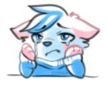  ambiguous_gender anthro bani_temari blue_body blue_fur blue_nose bodily_fluids clothing crying domestic_cat eyebrows ezpups felid feline felis frown fur gloves_(marking) handpaw head_tuft hoodie low_res mammal markings paws pink_body pink_fur pink_markings solo tears toony topwear tuft 