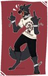  anthro belplasmawolf canid canine canis cuff_(restraint) eye_patch eyewear gesture handcuffs hi_res male mammal metal_cuffs middle_finger open_mouth restraints shadow shadow_von_wolfkin solo wolf 