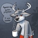  1:1 amiraallis anthro antlers beverage black_nose clothed clothing coffee deer english_text eyebrows fur grey_background grey_body grey_fur groggy hi_res horn male mammal mug red_eyes simple_background solo standing tail text underwear white_antlers 