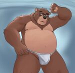  2023 anthro asian_clothing bear belly big_belly brown_body brown_fur bulge clothing east_asian_clothing eyewear fundoshi fur glasses humanoid_hands japanese_clothing male mammal nipples overweight overweight_male solo underwear warmbrr white_clothing white_fundoshi white_underwear 