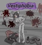  anthro blood bodily_fluids clothing clothing_aside discarded_clothing domestic_cat embarrased_nude_female embarrassed erin_nocla_(leshops) felid feline felis female hi_res mammal phobia poltergeist_ethanoic_acid scared solo undressing 