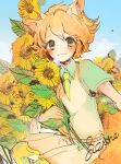  1boy animal_ears blush candy_(robbit) closed_mouth flower green_eyes horns looking_at_viewer male_focus orange_hair painting_(medium) selen_(show_by_rock!!) sheep_boy sheep_ears sheep_horns short_hair show_by_rock!! smile solo sunflower traditional_media watercolor_(medium) yellow_flower 