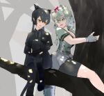 2girls animal_ears bare_arms bike_shorts bike_shorts_under_shorts black_bow black_bowtie black_hair black_leopard_(kemono_friends) black_shirt black_shorts black_skirt bodystocking bow bowtie braid branch breasts cleavage collared_shirt crocodilian_tail dappled_sunlight day fingerless_gloves fog glasses gloves green_eyes green_hair grey_gloves grey_shorts hair_between_eyes hair_bow in_tree kemono_friends kemono_friends_2 knee_up large_breasts leopard_ears leopard_girl leopard_tail long_hair looking_at_another microskirt multicolored_hair multiple_girls nervous orange_eyes outdoors parted_lips red_bow shirt short_shorts short_sleeves shorts shorts_under_shorts sitting sitting_in_tree skirt smile spectacled_caiman_(kemono_friends) sunlight tail tree twin_braids twintails very_long_hair vest wing_collar yappa_muri 