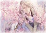  1boy absurdres bishounen blonde_hair blurry blurry_foreground brown_eyes cherry_blossoms chinese_clothes cloth_nuno day hand_up highres long_hair looking_at_viewer male_focus outdoors saiunkoku_monogatari shi_ryuuki solo upper_body 