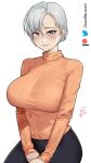  1girl breasts commentary commission damobelmont grey_eyes grey_hair grin highres large_breasts long_sleeves looking_at_viewer orange_sweater original parted_lips patreon_logo ribbed_sweater short_hair simple_background smile solo sweater turtleneck turtleneck_sweater twitter_logo white_background 