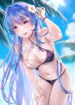  1girl :d absurdres azur_lane beach bikini blue_hair blue_nails blush breasts cleavage commentary_request flower hair_between_eyes hair_flower hair_ornament hand_on_own_thigh hand_up helena_(azur_lane) helena_(shimmering_triangle_wave)_(azur_lane) highres kurono_hyouka leaning_forward long_hair looking_at_viewer medium_breasts nail_polish navel outdoors palm_tree purple_eyes skindentation smile solo sunlight swimsuit teeth thighs tree two-tone_bikini upper_teeth_only very_long_hair white_flower 