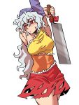  absurdres cleaver dress eddybird55555 grey_hair highres holding_cleaver long_hair looking_at_viewer one_eye_closed red_eyes red_ribbon ribbon sakata_nemuno torn_clothes torn_dress touhou white_background 