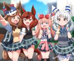  4girls absurdres agnes_digital_(umamusume) alternate_costume animal_ears awaji_(hotel_kyuu_awaji) blurry blurry_background blush bow brown_hair commentary_request eating food grey_eyes grey_hair hair_bow hat highres hishi_miracle_(umamusume) horse_ears horse_tail long_hair matikane_tannhauser_(umamusume) medium_hair multiple_girls nice_nature_(umamusume) open_mouth pink_hair popsicle red_hair school_uniform signature tail umamusume yellow_eyes 