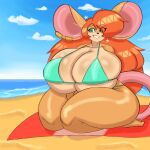  1:1 anthro beach big_breasts bikini breasts clothing ear_piercing female geebie33 green_eyes hair hi_res huge_breasts huge_thighs hyper hyper_breasts lyra_(geebie33) mammal mouse murid murine orange_hair piercing rodent seaside sitting smile solo swimwear thick_thighs 