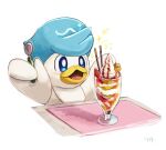  :d blue_eyes blush bright_pupils commentary_request dessert excited food happy holding holding_spoon no_humans open_mouth pokemon pokemon_(creature) quaxly shinoda_(snd_pict) signature smile solo spoon table tongue white_background white_pupils 