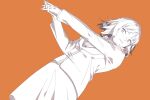  1girl cowboy_shot dutch_angle from_below headphones jacket ksnnw_k long_sleeves monochrome orange_background outstretched_arms parted_lips pencil_skirt short_hair simple_background skirt solo suwa_squad&#039;s_uniform ui_madoka uniform world_trigger 