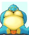  5:6 anthro belly blue_body bulge clothing crocodile crocodilian crocodylid fangs green_eyes hi_res lifewonders makara male overweight panthera7uncia reptile scalie smile solo speedo spread_legs spreading swimwear teeth thick_thighs tokyo_afterschool_summoners 