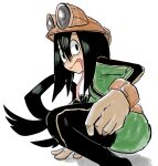  1girl asui_tsuyu black_eyes black_hair bodysuit boku_no_hero_academia brown_headwear gloves hair_between_eyes long_hair regigigass simple_background sketch solo squatting tongue tongue_out two-tone_bodysuit very_long_hair white_background 