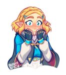  1girl artist_name black_cape blue_eyes blush blushyspicy braid cape closed_mouth cropped_torso crown_braid fingerless_gloves gloves hair_ornament hairclip hands_up long_sleeves outline parted_bangs princess_zelda short_hair smile solo the_legend_of_zelda the_legend_of_zelda:_tears_of_the_kingdom transparent_background upper_body wavy_mouth white_outline 