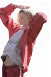 1boy 96yottea absurdres arm_up blonde_hair bracelet brown_hair closed_eyes haikyuu!! highres jacket jewelry kozume_kenma male_focus medium_hair multicolored_hair navel open_mouth pants red_jacket red_pants shirt sidelocks simple_background solo standing stomach streaked_hair white_background white_shirt 
