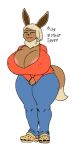  animal_humanoid anthro big_breasts bottomwear breasts brown_body brown_fur canid cleavage clothed clothing crocs curvaceous curvy_figure digital_media_(artwork) eevee eeveelution female footwear fur generation_1_pokemon hair huge_breasts humanoid legwear lurker_bot mammal mature_female nintendo nipples pants pokemon pokemon_(species) shirt simple_background smile solo standing tail thick_thighs topwear voluptuous white_background wide_hips 