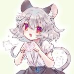  1girl animal_ear_fluff animal_ears biyon black_skirt blush grey_hair hair_between_eyes heart heart_hands jewelry looking_at_viewer mouse_ears mouse_tail nazrin open_mouth pendant red_eyes shirt short_hair short_sleeves skirt smile solo tail touhou twitter_username upper_body white_shirt 