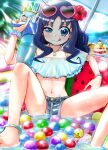  1girl :p barefoot bikini blue_eyes blue_hair bracelet buta_obutu denim denim_shorts eyewear_on_head flower food foot_out_of_frame hair_flower hair_ornament heart heart-shaped_eyewear heartcatch_precure! highres ice_cream jewelry knees_up kurumi_erika legs long_hair looking_at_viewer navel pool precure scrunchie shiny_skin shorts solo sundae sunglasses swimsuit tongue tongue_out water_gun 