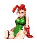  1girl animal_ears bare_shoulders blonde_hair blushyspicy braid breasts cammy_white covered_navel fake_animal_ears gloves grin groin highleg highleg_leotard large_breasts leotard lips long_hair looking_at_viewer playboy_bunny rabbit_ears shiny_clothes sitting smile solo street_fighter street_fighter_v twin_braids 
