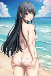  1girl absurdres ass ass_grab bikini black_hair blue_sky blush breasts from_behind grabbing_own_ass hands_on_ass highres inanaki_shiki long_hair looking_at_viewer looking_back ocean outdoors parted_lips sand sky small_breasts solo swimsuit white_bikini yahari_ore_no_seishun_lovecome_wa_machigatteiru. yukinoshita_yukino 