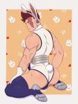  1boy ailurus_(ailurushearts) animal_ears ass bara beard boku_no_hero_academia bulge chinese_zodiac cosplay crossdressing endeavor_(boku_no_hero_academia) facial_hair fake_tail from_behind full_body fur_collar highleg highleg_leotard highres huge_ass kneeling large_pectorals leotard looking_back male_focus mature_male mirko mirko_(cosplay) muscular muscular_male pectorals rabbit_background rabbit_ears rabbit_tail scar scar_across_eye scar_on_face short_hair sideburns sleeveless sleeveless_turtleneck sleeveless_turtleneck_leotard solo spiked_hair stubble tail taut_leotard thick_thighs thighhighs thighs turtleneck turtleneck_leotard white_leotard year_of_the_rabbit 