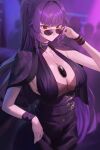  1girl absurdres breasts closed_mouth commission earrings hair_ornament highres jewelry large_breasts long_hair looking_at_viewer necklace original pixiv_commission ponytail purple_hair red_eyes rororo ryoko_yamaguchi solo_focus sunglasses 