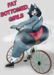  2023 anthro beth_(masterj291) bicycle big_butt bodily_fluids bottomwear breasts butt butt_cleavage canid canine canis clothed clothing digital_media_(artwork) domestic_dog fat_bottomed_girls female grey_background hi_res huge_butt husky looking_at_viewer looking_back mammal masterj291 nordic_sled_dog queen_(band) shorts simple_background small_breasts solo spitz sweat sweaty_butt text thick_thighs topless topless_anthro topless_female 