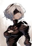  1girl black_blindfold black_hairband blindfold breasts cleavage cleavage_cutout clothing_cutout fubuki_(fakemonkey0224) hairband highres medium_breasts mole mole_under_mouth nier:automata nier_(series) official_style short_hair solo upper_body white_hair yorha_no._2_type_b 