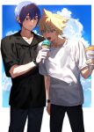  2boys absurdres black_shirt blonde_hair blue_eyes blue_hair blue_sky blush border bright_pupils cloud food hair_between_eyes highres holding holding_food holding_ice_cream ice_cream implied_yaoi kagamine_len kaito_(vocaloid) looking_at_another looking_at_food male_focus multiple_boys nail_polish open_mouth pants shirt short_hair sidelighting sky smile spiked_hair standing summer sunlight tetorutti35 vocaloid watch white_border white_shirt wristwatch yellow_nails 
