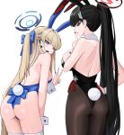  2girls absurdres animal_ears ass black_hair black_leotard black_nails blonde_hair blue_archive blue_eyes blue_hair blue_leotard blue_nails blunt_bangs blush bow bowtie breasts ddog detached_collar fake_animal_ears fake_tail hair_ornament hairclip halo highleg highleg_leotard highres large_breasts leotard long_hair looking_at_viewer looking_back medium_breasts multicolored_hair multiple_girls official_alternate_costume pantyhose parted_lips playboy_bunny ponytail rabbit_ears rabbit_tail red_eyes rio_(blue_archive) side-tie_leotard strapless strapless_leotard streaked_hair tail thighhighs toki_(blue_archive) toki_(bunny)_(blue_archive) very_long_hair white_thighhighs wrist_cuffs 