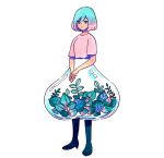  1girl aqua_eyes aqua_hair full_body gradient_hair highres leaf looking_at_viewer meyoco multicolored_hair original own_hands_together pink_hair pink_shirt shirt short_hair short_sleeves simple_background solo standing traditional_media white_background 