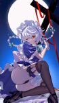  1girl ass black_panties blue_skirt braid full_moon highres izayoi_sakuya knife_holster maid maid_headdress moon one_eye_closed panties pantyshot red_eyes ringo_no_usagi_(artist) short_sleeves skirt solo thigh_strap thighhighs touhou twin_braids underwear white_hair wrist_cuffs 