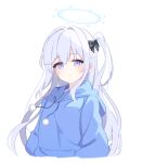  1girl blue_archive blue_halo blue_hoodie blush braid closed_mouth foulo_paints grey_hair hair_between_eyes halo highres hood hoodie long_hair long_sleeves looking_at_viewer miyako_(blue_archive) one_side_up purple_eyes simple_background solo upper_body white_background 