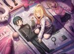  1girl :d ahoge akamatsu_kaede backpack bag ball black_hair black_jacket black_pants blonde_hair blush breast_pocket buttons character_print closed_eyes danganronpa_(series) danganronpa_v3:_killing_harmony double-breasted happy highres holding jacket kneeling long_hair magnifying_glass mini_person minigirl miniskirt musical_note musical_note_print nailu pants pen pink_sweater_vest pocket purple_skirt saihara_shuichi shirt short_hair skirt smile solo striped striped_jacket striped_pants sweater_vest white_shirt 