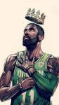 1boy basketball_jersey black_hair boston_celtics dark_skin highres jersey kyrie_iving national_basketball_association non-web_source real_life simple_background solo solo_focus 