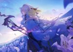  1boy 1girl ahoge artoria_pendragon_(fate) black_bow blonde_hair blue_sky bow carrying closed_eyes fate/grand_order fate_(series) field flower flower_field flower_knot gloves hair_between_eyes high_heels highres holding holding_staff hood hood_up hooded_robe long_hair looking_at_viewer merlin_(fate) outdoors petals piggyback profile purple_eyes robe saber_lily sky sleeping smile staff star_(sky) starry_sky tasuku_(otomebotan) thighhighs very_long_hair white_gloves white_hair white_robe 