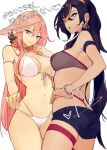  2girls absurdres ass bare_shoulders bikini black_hair blue_eyes bracelet breasts choker cleavage dehya_(genshin_impact) earrings genshin_impact hair_ornament hand_on_own_hip highres jenshenya jewelry long_hair multiple_girls navel open_mouth orange_hair pink_hair purple_eyes see-through shorts simple_background slit_pupils smile swimsuit white_bikini yae_miko 