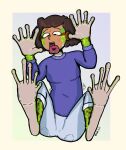  2021 5_fingers adstn amphibia_(series) amphibian blue_clothing blue_sweater blue_topwear bodily_fluids bottomwear brown_hair clothing dark_body dark_skin denim denim_clothing digital_drawing_(artwork) digital_media_(artwork) disney female finger_ring fingers frog green_body green_skin hair hi_res human humanoid jeans long_tongue looking_down mammal mature_female membrane_(anatomy) mid_transformation mrs._boonchuy open_mouth pants ring signature simple_background solo species_transformation spots spotted_body spotted_skin sweat sweater tongue tongue_out topwear transformation webbed_feet white_background 
