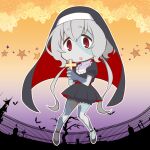  1girl bat_(animal) black_bloomers black_dress black_footwear blue_skin chibi colored_skin cross dot_nose dress graveyard grey_hair habit halloween holding holding_cross konno_junko long_hair low_twintails nun open_mouth patchwork_skin pleated_dress red_eyes short_sleeves solo star_(symbol) stitched_arm stitched_face stitched_leg stitches tombstone twintails yuuki_akira zombie zombie_land_saga 