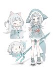  1girl a_(phrase) animal_costume animal_ears animal_hood blue_eyes blue_hair blue_hoodie blunt_bangs blush_stickers cat_ears closed_eyes commentary fake_animal_ears fins fish_tail frown full_body gawr_gura gawr_gura_(1st_costume) hair_ornament highres holding holding_trident hololive hololive_english hood hood_down hood_up hoodie long_sleeves looking_at_viewer multicolored_hair multiple_views no_pants open_mouth shark_costume shark_girl shark_hair_ornament shark_hood shark_tail sharp_teeth shoes simple_background smile smol_gura speech_bubble standing streaked_hair symbol-only_commentary tail teeth two_side_up upper_body virtual_youtuber white_background white_hair yuta_2341 